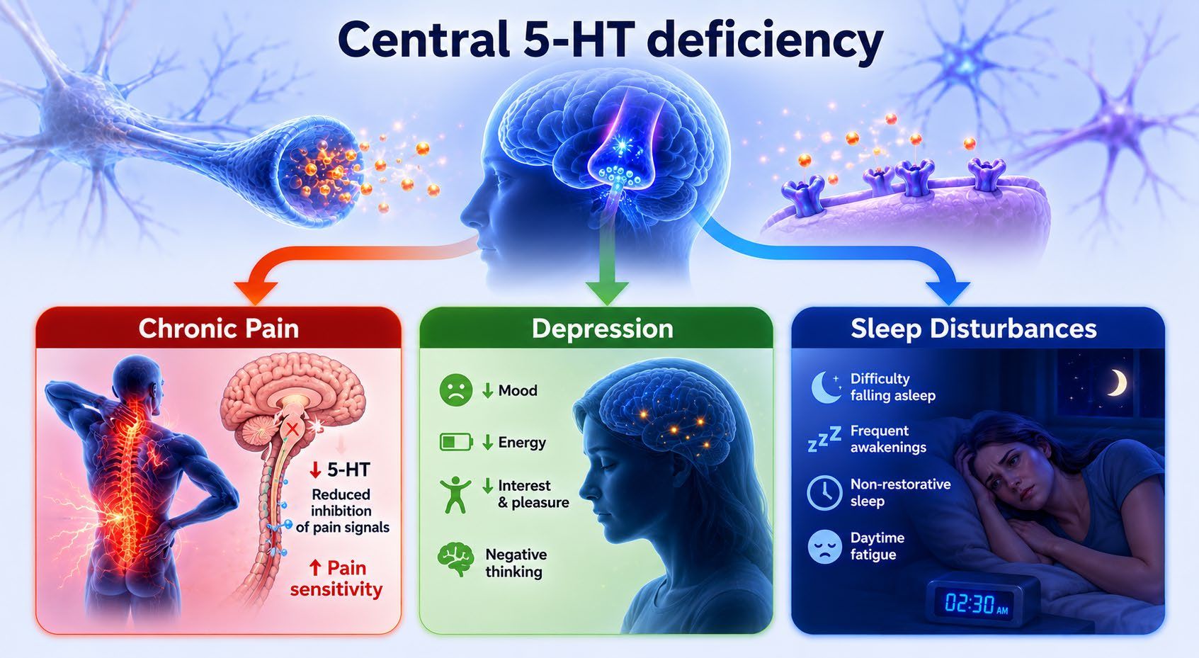 Diagram: central 5-HT deficiency and its clinical consequences