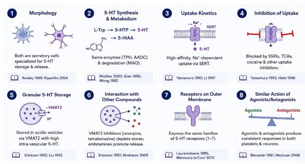 Diagram: parallels between platelets and serotonergic neurons