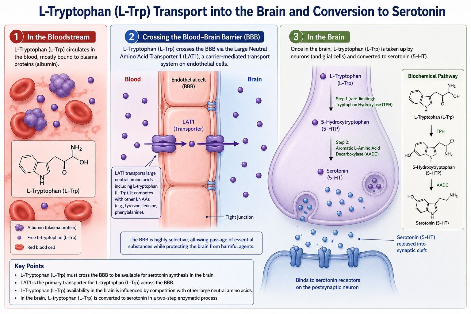 Diagram: transport of the 5-HT precursors across the blood-brain barrier