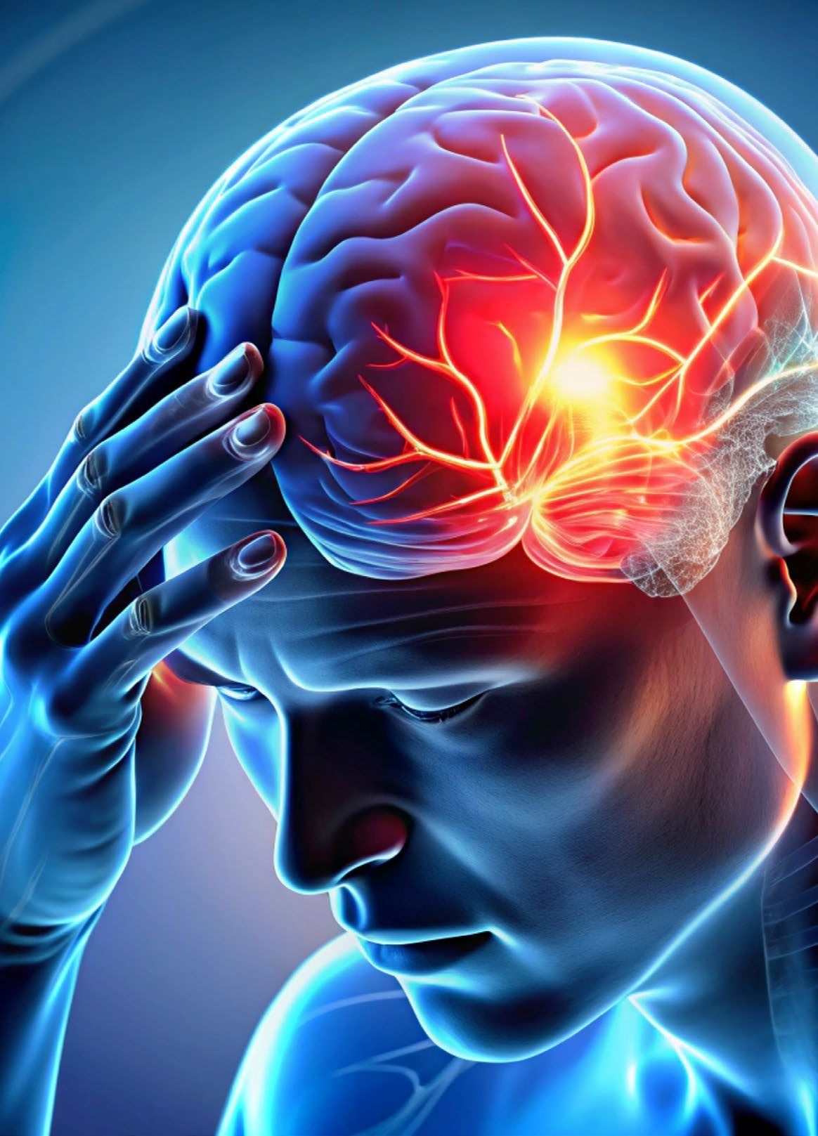 Illustration: a person holding their head, the brain highlighted in red