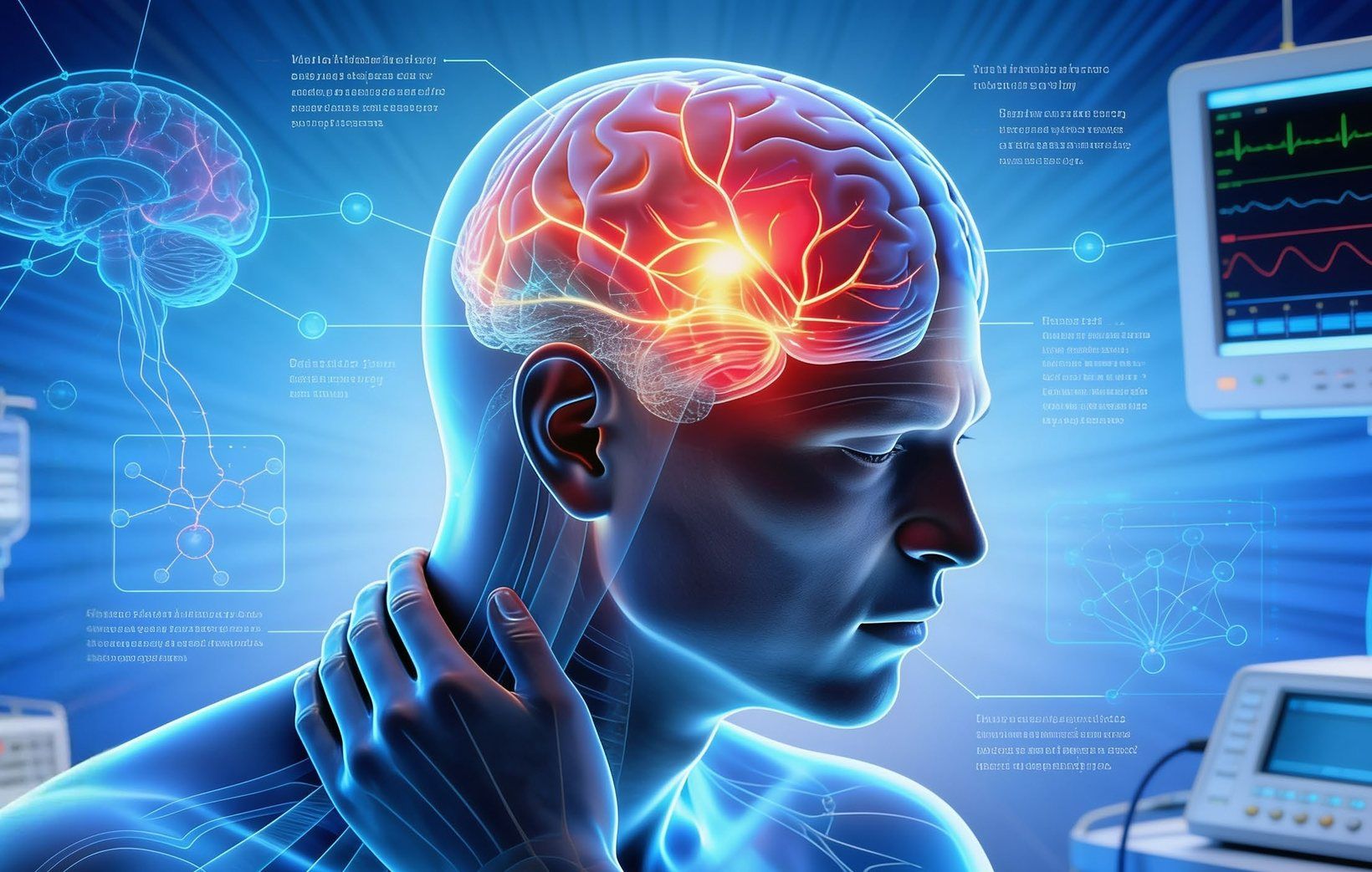 Illustration: a person with neck pain, the brain highlighted in red